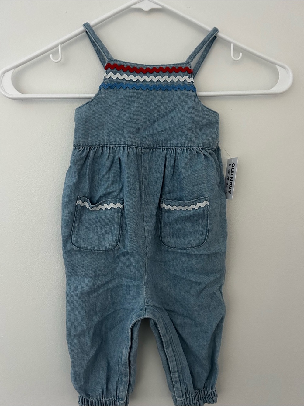 Light Blue Denim Overalls with Red & White Trim